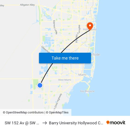 SW 152 Av @ SW 42 St to Barry University Hollywood Campus map