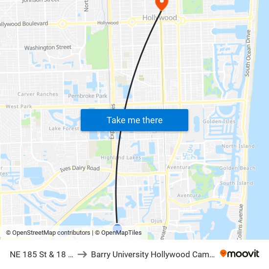 NE 185 St & 18 Av to Barry University Hollywood Campus map