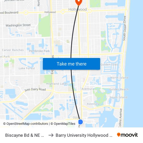 Biscayne Bd & NE 183 St to Barry University Hollywood Campus map