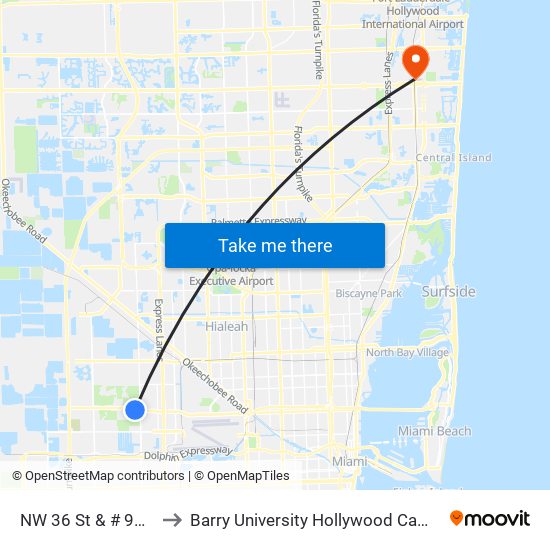 NW 36 St & # 9100 to Barry University Hollywood Campus map