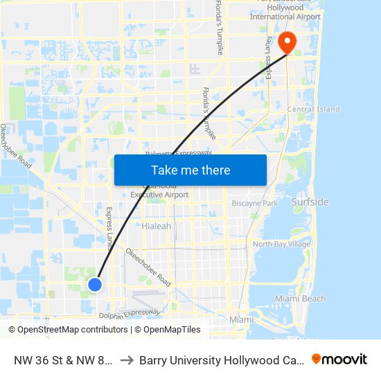 NW 36 St & NW 87 Av to Barry University Hollywood Campus map