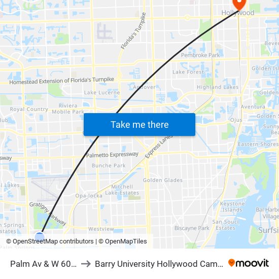 Palm Av & W 60 St to Barry University Hollywood Campus map