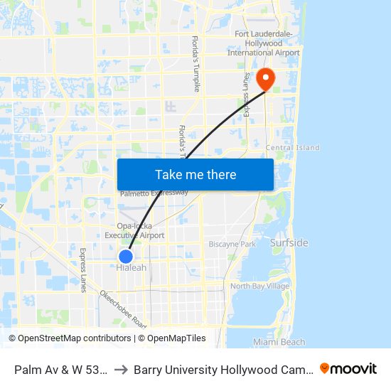 Palm Av & W 53 Te to Barry University Hollywood Campus map