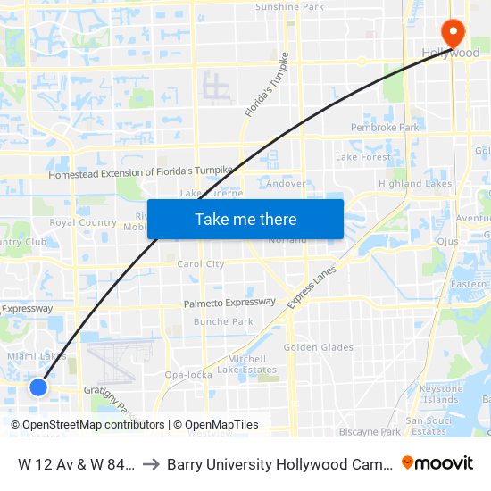 W 12 Av & W 84 St to Barry University Hollywood Campus map