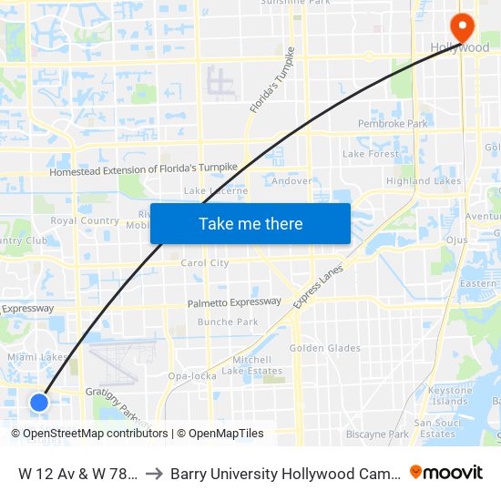 W 12 Av & W 78 St to Barry University Hollywood Campus map