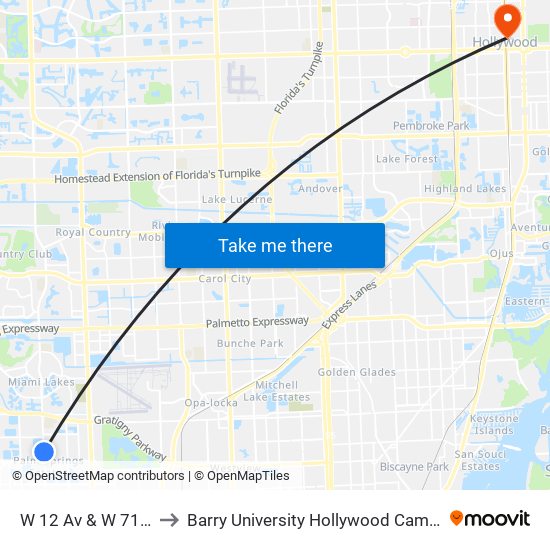 W 12 Av & W 71 St to Barry University Hollywood Campus map