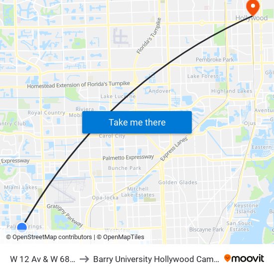 W 12 Av & W 68 St to Barry University Hollywood Campus map