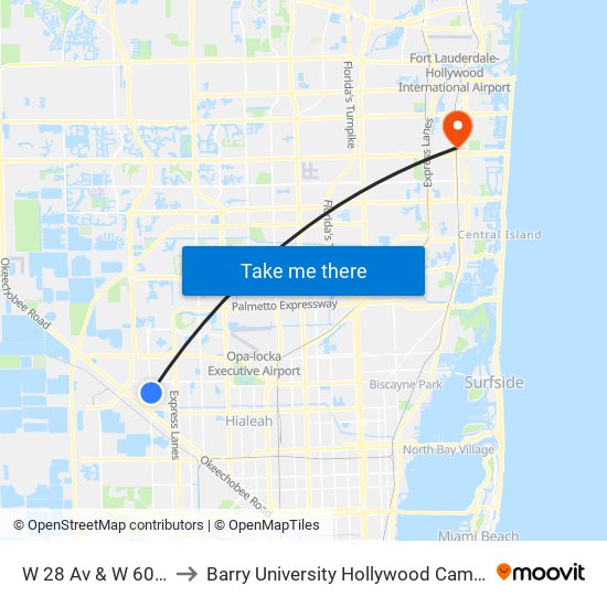 W 28 Av & W 60 St to Barry University Hollywood Campus map