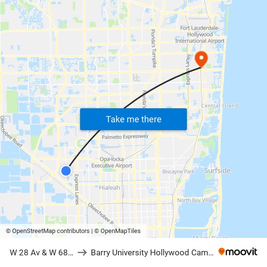 W 28 Av & W 68 St to Barry University Hollywood Campus map