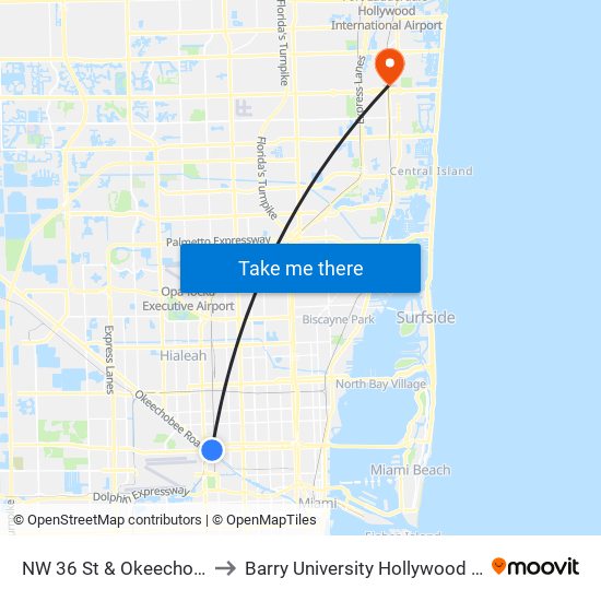 NW 36 St & Okeechobee Rd to Barry University Hollywood Campus map