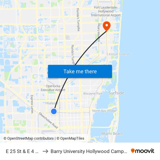 E 25 St & E 4 Av to Barry University Hollywood Campus map