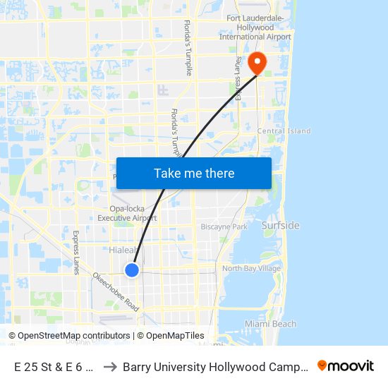 E 25 St & E 6 Av to Barry University Hollywood Campus map