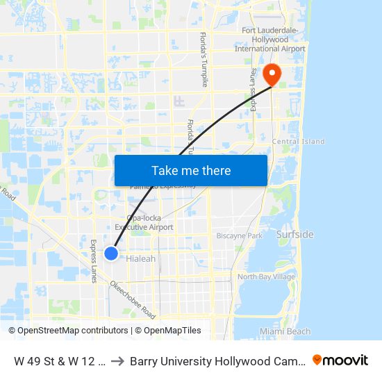 W 49 St & W 12 Av to Barry University Hollywood Campus map