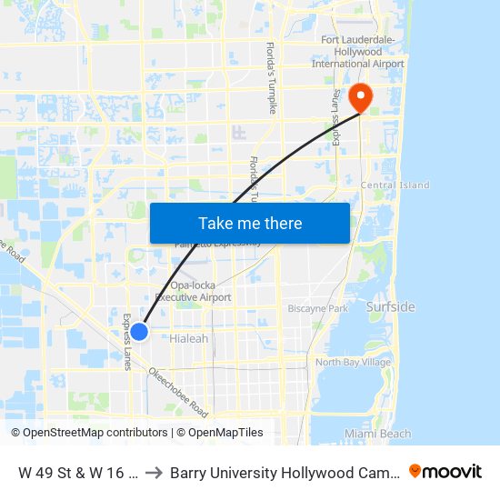 W 49 St & W 16 Av to Barry University Hollywood Campus map