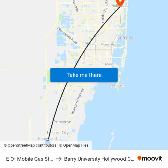 E Of Mobile Gas Station to Barry University Hollywood Campus map