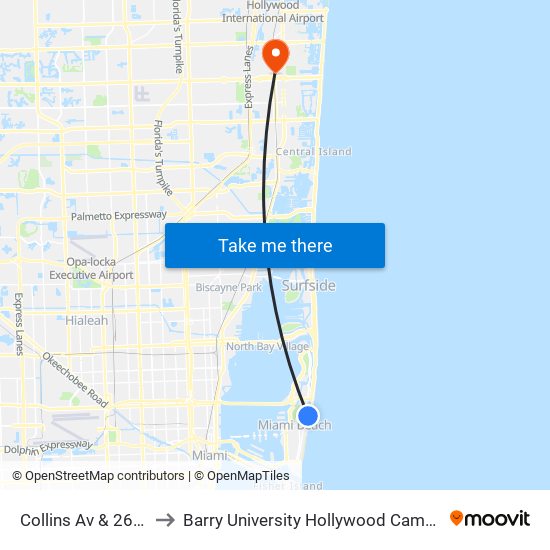 Collins Av & 26 St to Barry University Hollywood Campus map