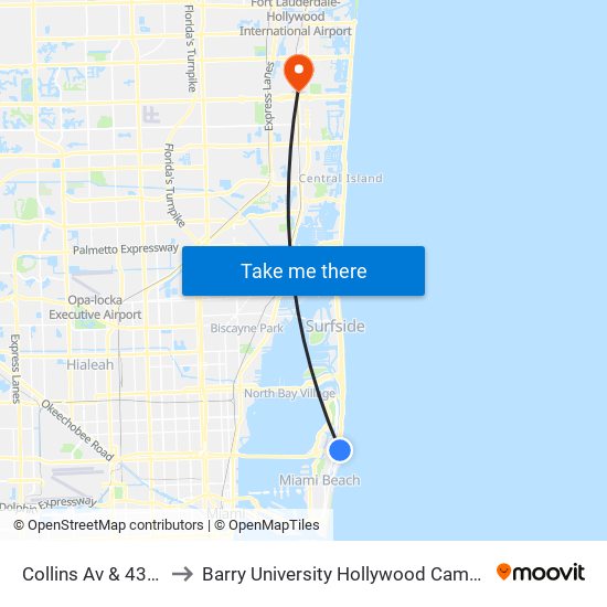 Collins Av & 43 St to Barry University Hollywood Campus map