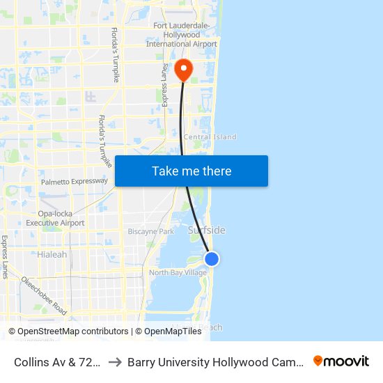 Collins Av & 72 St to Barry University Hollywood Campus map
