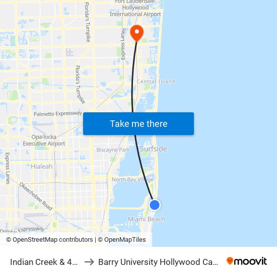 Indian Creek & 43 St to Barry University Hollywood Campus map