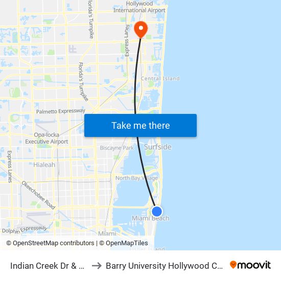 Indian Creek Dr & 29 St to Barry University Hollywood Campus map