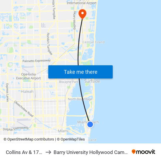 Collins Av & 17 St to Barry University Hollywood Campus map