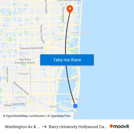 Washington Av & 9 St to Barry University Hollywood Campus map