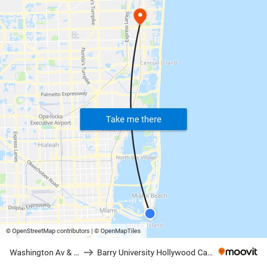 Washington Av & 5 St to Barry University Hollywood Campus map