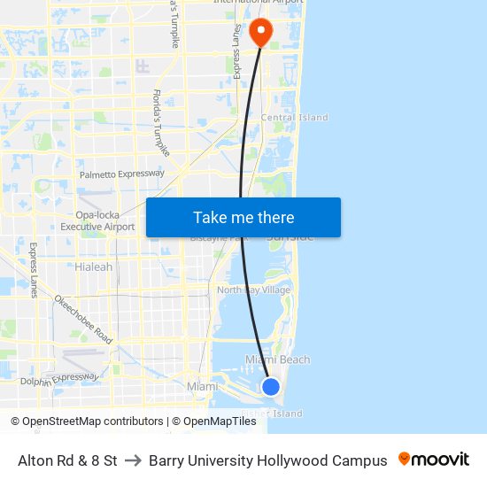 Alton Rd & 8 St to Barry University Hollywood Campus map