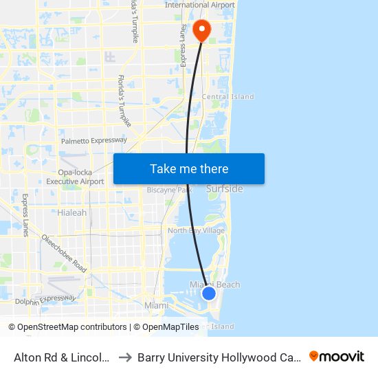 Alton Rd & Lincoln Rd to Barry University Hollywood Campus map