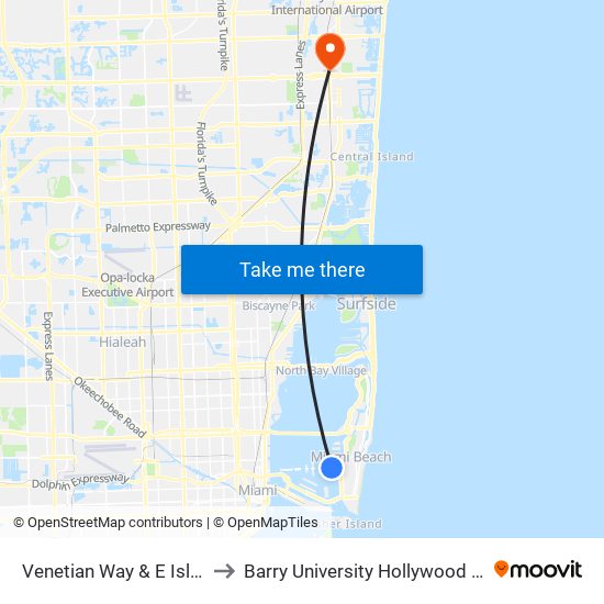 Venetian Way & E Island Av to Barry University Hollywood Campus map