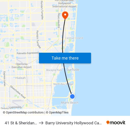 41 St & Sheridan Av to Barry University Hollywood Campus map