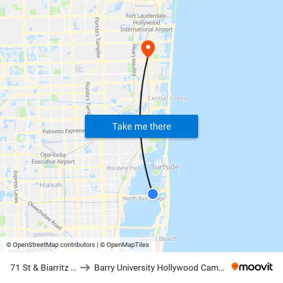 71 St & Biarritz Dr to Barry University Hollywood Campus map