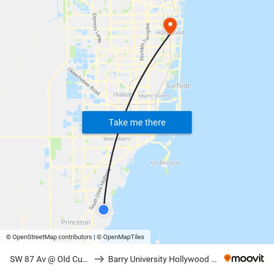 SW 87 Av @ Old Cutler Rd to Barry University Hollywood Campus map