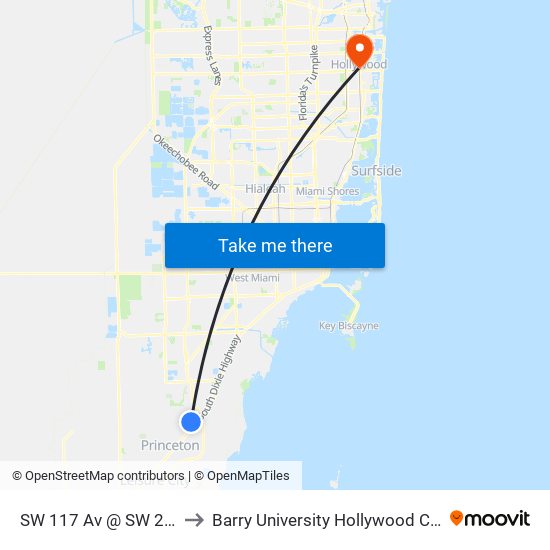 SW 117 Av @ SW 204 St to Barry University Hollywood Campus map