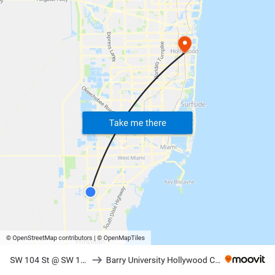 SW 104 St @ SW 132 Av to Barry University Hollywood Campus map