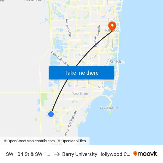 SW 104 St & SW 147 Av to Barry University Hollywood Campus map