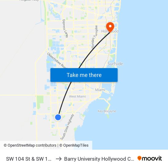 SW 104 St & SW 117 Av to Barry University Hollywood Campus map