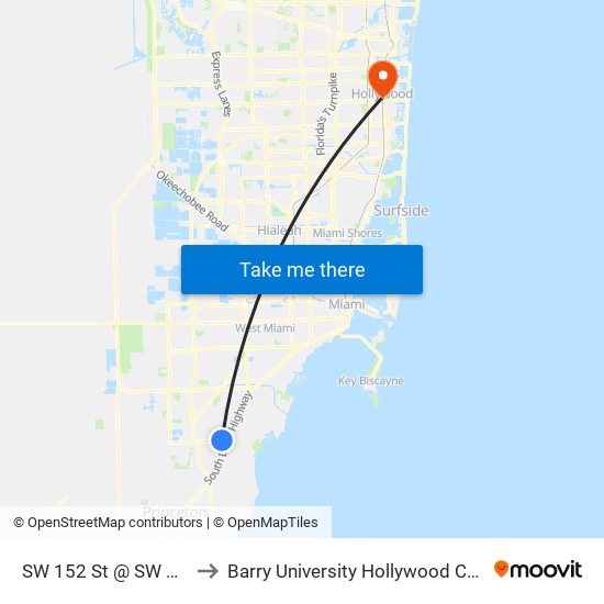 SW 152 St @ SW 97 Av to Barry University Hollywood Campus map