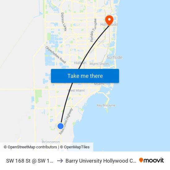 SW 168 St @ SW 107 Av to Barry University Hollywood Campus map