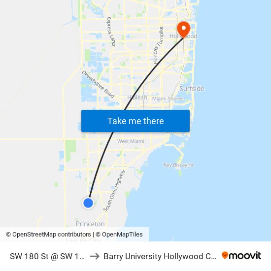 SW 180 St @ SW 137 Pl to Barry University Hollywood Campus map