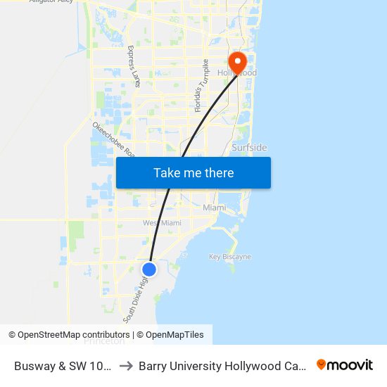 Busway & SW 104 St to Barry University Hollywood Campus map