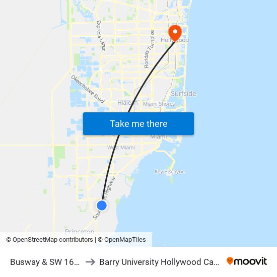 Busway & SW 168 St to Barry University Hollywood Campus map