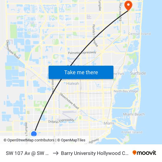 SW 107 Av @ SW 14 St to Barry University Hollywood Campus map