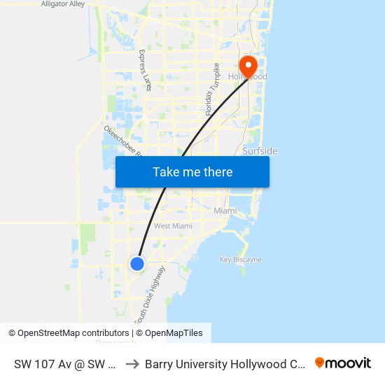 SW 107 Av @ SW 88 St to Barry University Hollywood Campus map