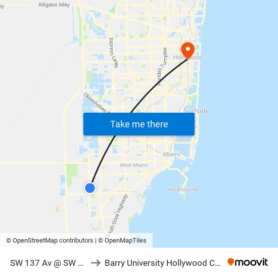 SW 137 Av @ SW 72 St to Barry University Hollywood Campus map