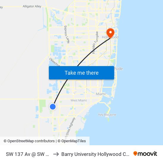 SW 137 Av @ SW 42 St to Barry University Hollywood Campus map