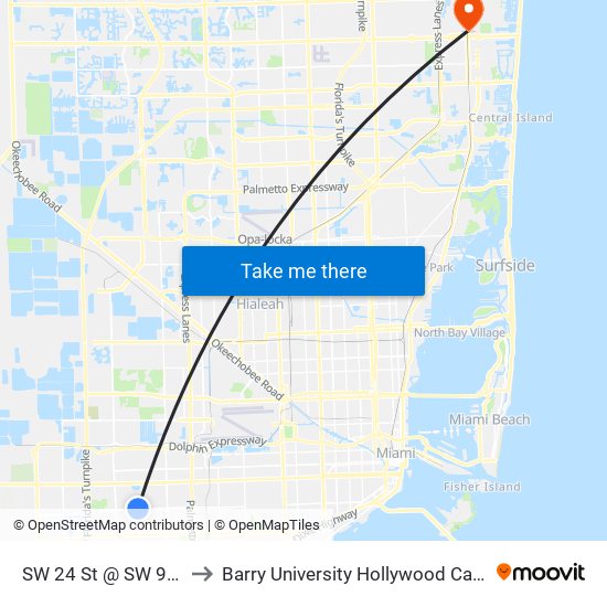 SW 24 St @ SW 97 Av to Barry University Hollywood Campus map