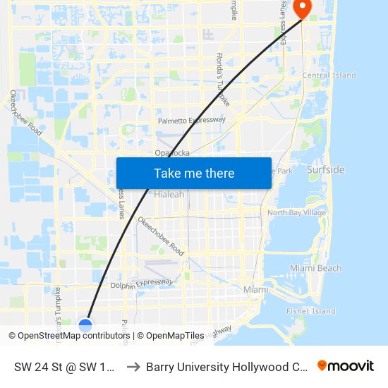 SW 24 St @ SW 102 Av to Barry University Hollywood Campus map