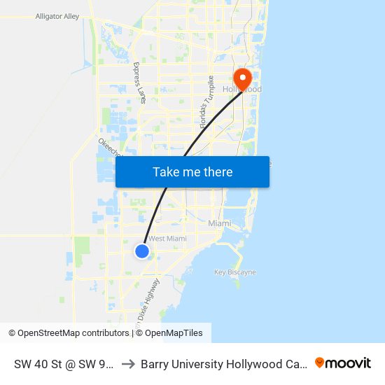 SW 40 St @ SW 93 Av to Barry University Hollywood Campus map