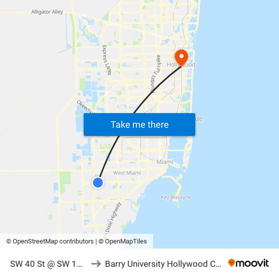 SW 40 St @ SW 112 Av to Barry University Hollywood Campus map